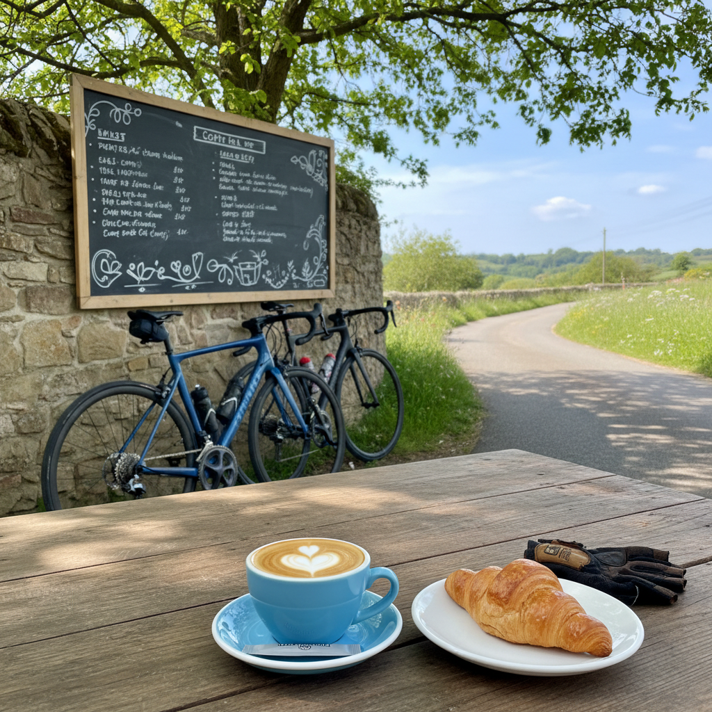 A cozy trail-side coffee stop on a popular cycling route, with two sleek road bikes resting against a rustic stone wall beneath a chalkboard-style menu with no readable text. On a reclaimed wood table in the foreground, a perfectly poured cappuccino in a sky-blue ceramic cup sits beside a flaky croissant on a white plate. Dappled afternoon sunlight filters through leafy branches overhead, creating playful patches of light and shadow across the table. The background shows the curve of the bike path and a glimpse of rolling green hills. Photographic realism, shot from a slightly elevated angle, shallow depth of field emphasizing the food and drinks, with a bright, cheerful atmosphere that celebrates mid-ride treats.